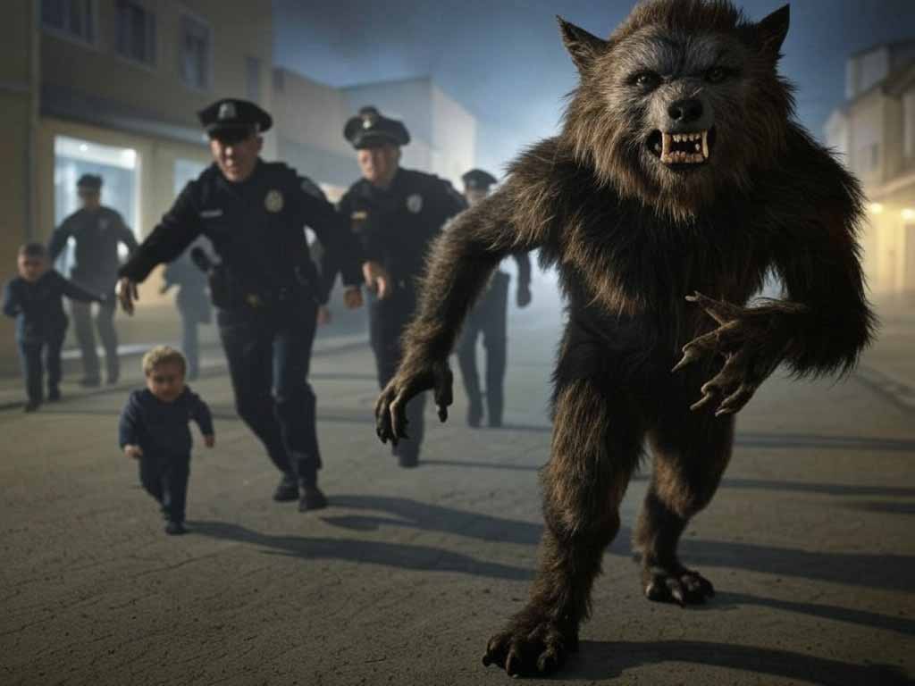 La polisia huye junto al lobo